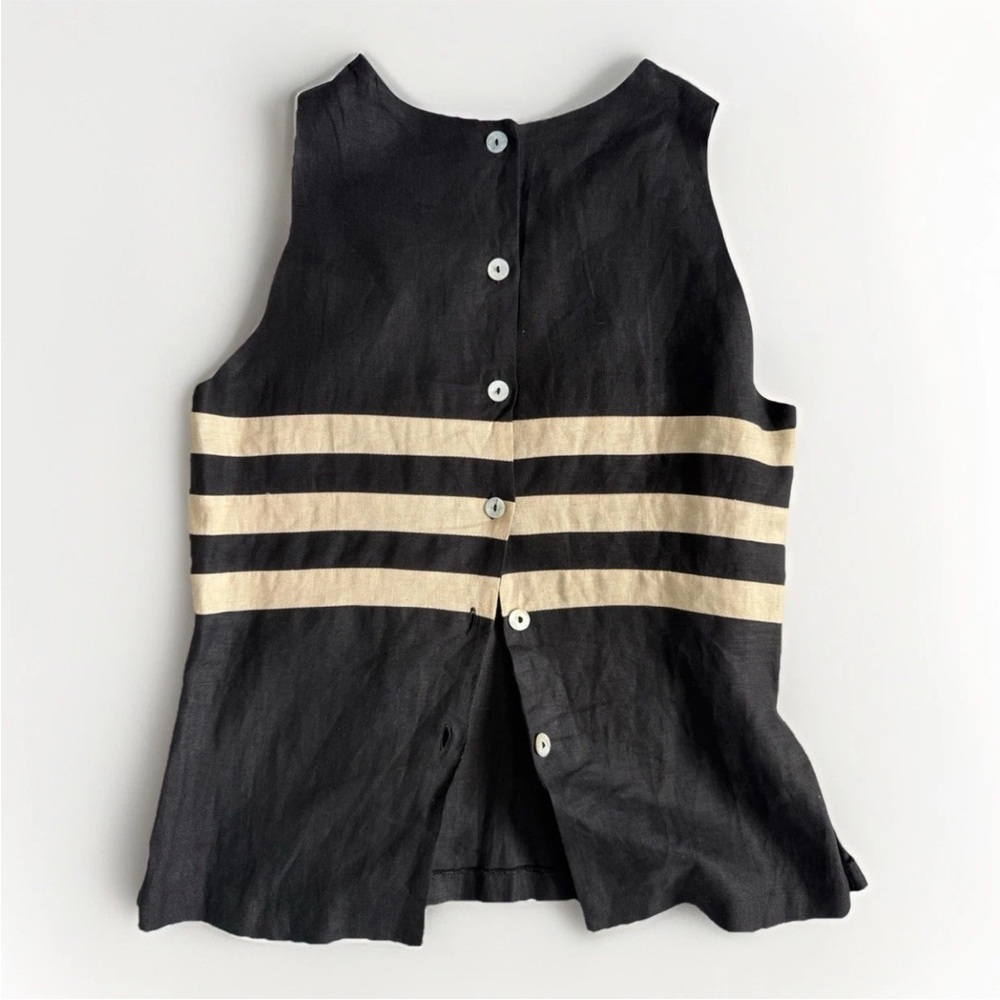 Joe 100% Linen Button Up Back Striped Black Top Large Neutral Luxury Summer - Picture 2 of 13